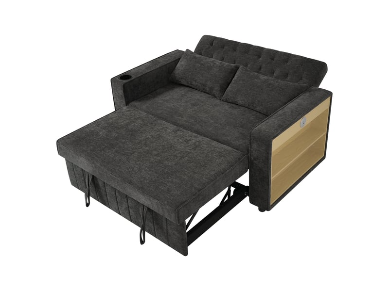  Canapé lit convertible 2 places en chenille avec dossier réglable, porte-gobelet, usb, étagère latérale, 2 coussins - gris  - Conforama A