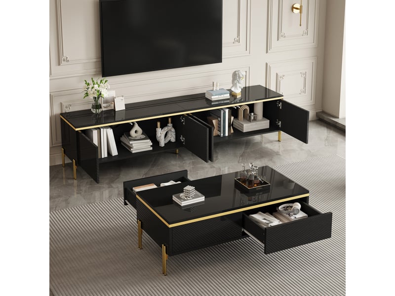  Ensemble meuble tv et table basse, finition lisse et lustrée, esprit minimaliste contemporain, noir  - Conforama B