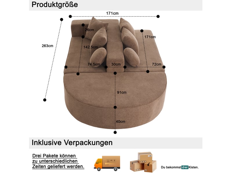  Canapé modulaire modenvie 5 places en chenille marron 263 x 171 x 66 cm  - Conforama C