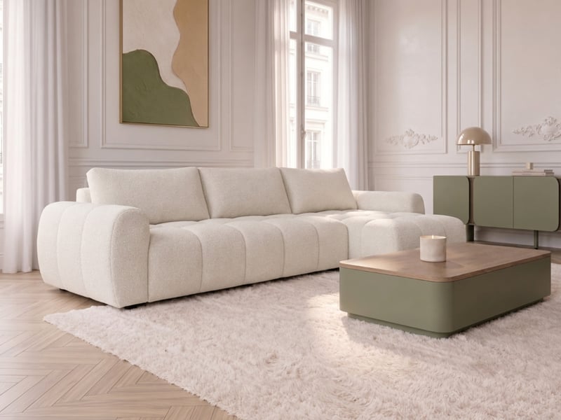  Bobochic canapé d'angle réversible convertible coffre fuji ouverture express tissu chiné blanc  réversible FUJI - Conforama B