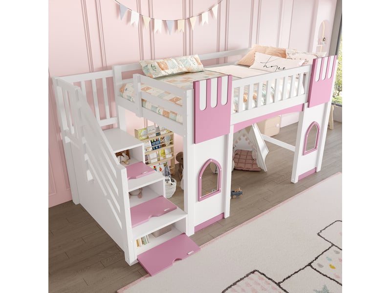  Lit surélevé enfant 90 x 200 cm avec escalier de rangement, blanc et rose  - Conforama D