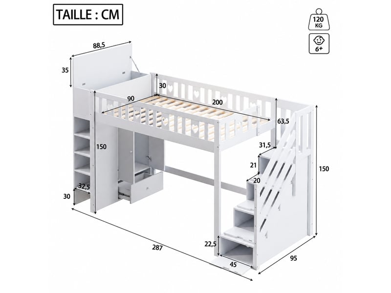  Lit mezzanine 90 x 200 cm avec rangements, échelle et étagères, en pin et mdf blanc pour chambre enfant  - Conforama C