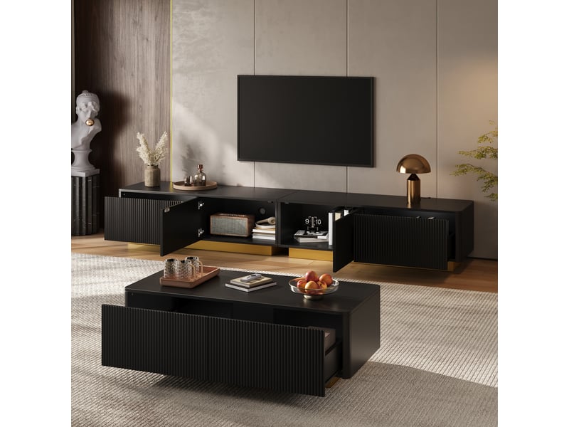 Ensemble meuble tv bas et table basse noir en mdf et panneaux de particules, façades rainurées, rangement, salon moderne - Conforama E