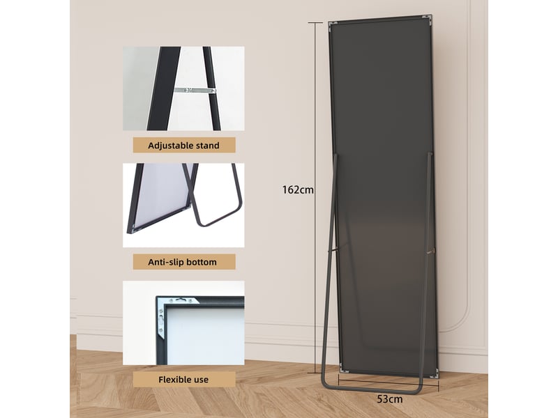 Miroir sur pied 162x53 cm,grand miroir mural moderne pour salon et chambre ,cadre en aluminium,verre trempé hd,rectangulaire,noir - Conforama W