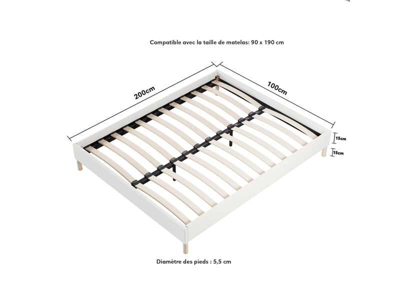 Lit 90x190 cm avec sommier, tissu blanc crème, lattes et pieds en bois Alya blanc crème - Conforama C