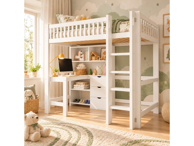 Lit mezzanine enfant 90 x 200 cm en bois avec bureau, étagères, 3 tiroirs, échelle et garde-corps, gain de place, blanc - Conforama E