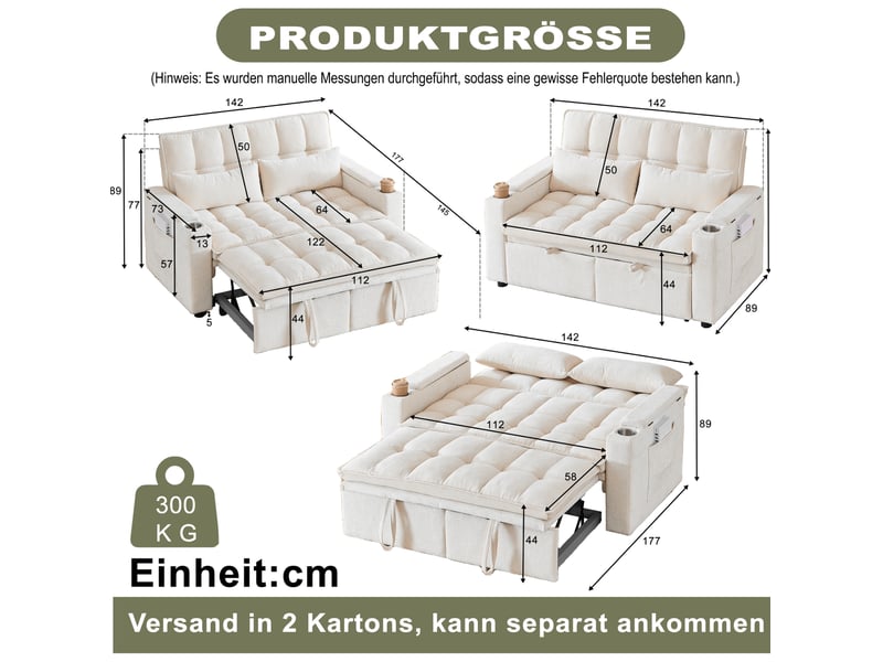  Canapé-lit 3-en-1 142x89x89 cm convertible, 2 porte-gobelets, 2 coussins lombaires, rangements, chenille beige  - Conforama C