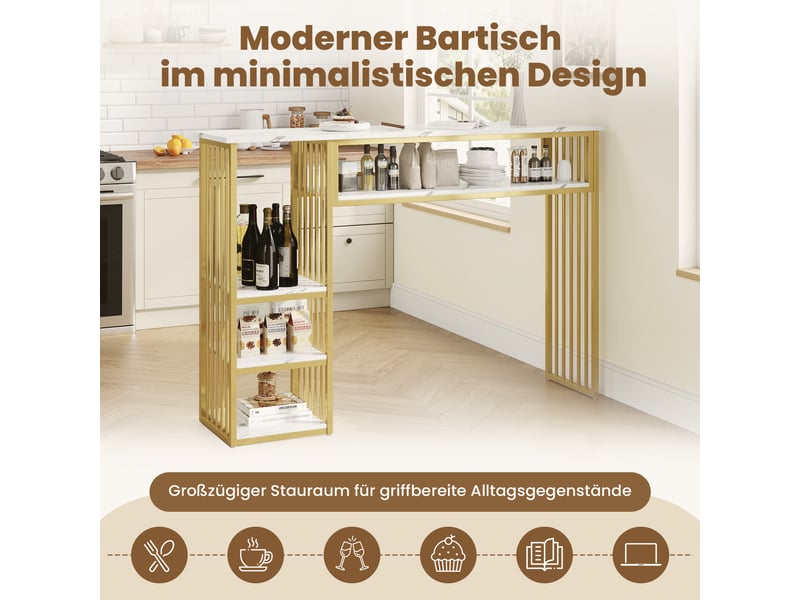  Table de bar - 140x40x105 cm effet marbre et doré - comptoir de cuisine et mange-debout rectangulaire avec rangement et étagères  - Conforama E
