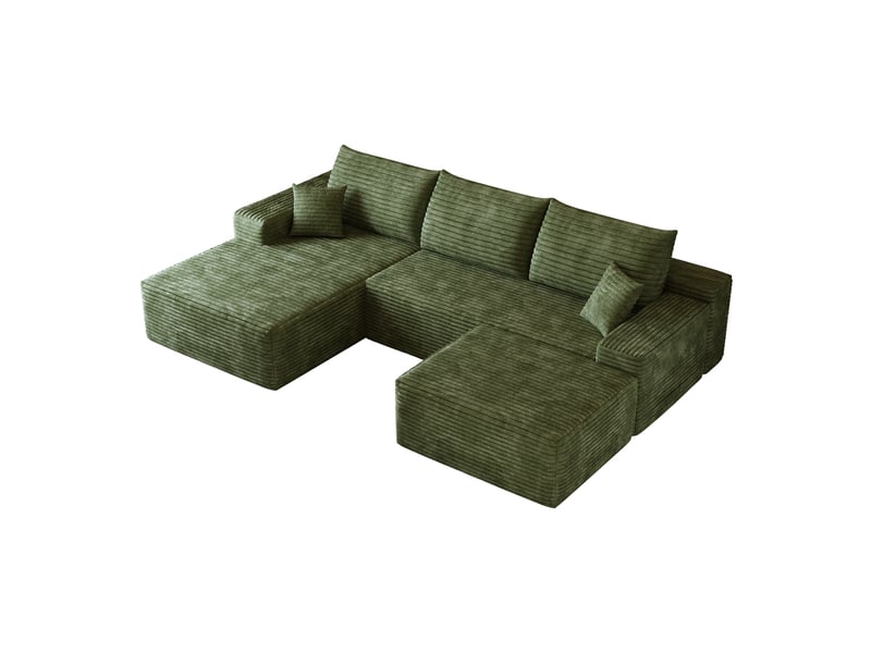 Canapé d'angle modulaire 4 places en velours côtelé vert, méridienne en l, assise profonde et sans montage - Conforama A