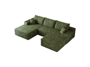 Canapé d'angle modulaire 4 places en velours côtelé vert, méridienne en l, assise profonde et sans montage