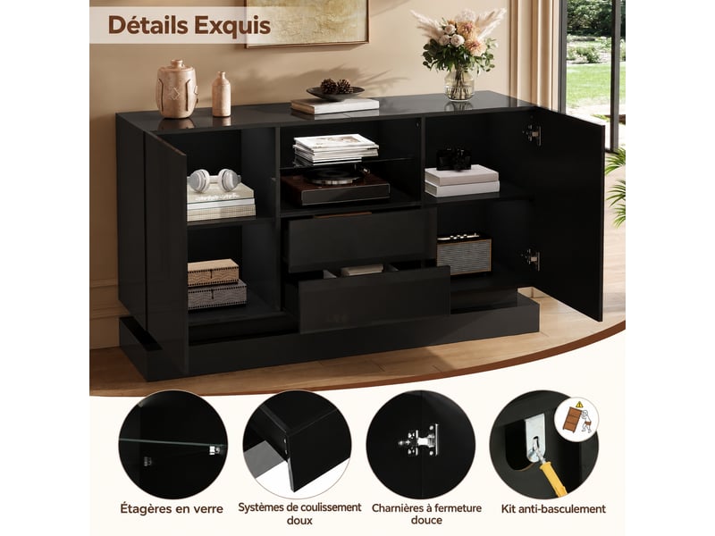 Buffet avec éclairage led noir brillant, 140 cm, 2 portes et 2 tiroirs - Conforama E