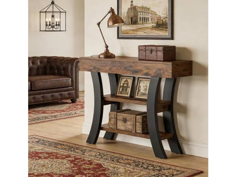  Table console 105x30x80 cm trois surfaces de rangement mdf et métal noir et marron rustique  - Conforama C
