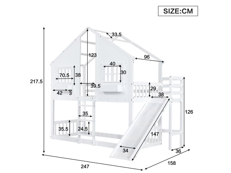 Lit superposé enfant 90x200 cm avec toboggan, toit, fenêtres, blanc et naturel - Conforama C