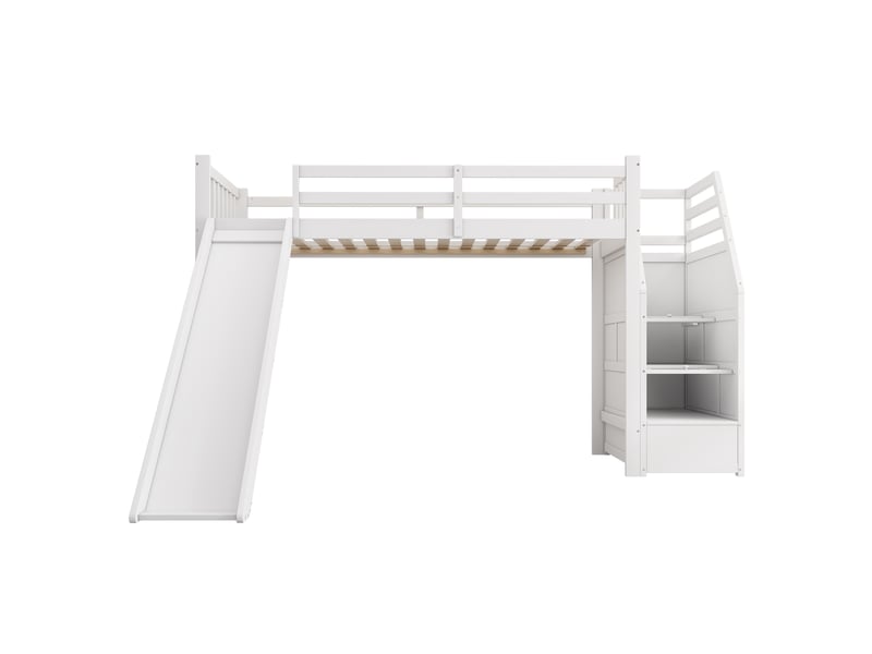 Lit mezzanine enfant avec toboggan, échelle modulable et barrière amovible, blanc, 90x200 cm - Conforama A