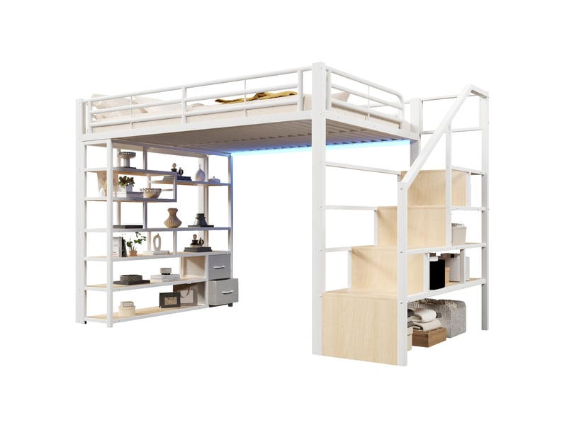 Lit mezzanine enfant 140x200 avec rangements et led blanc evryae - Conforama A