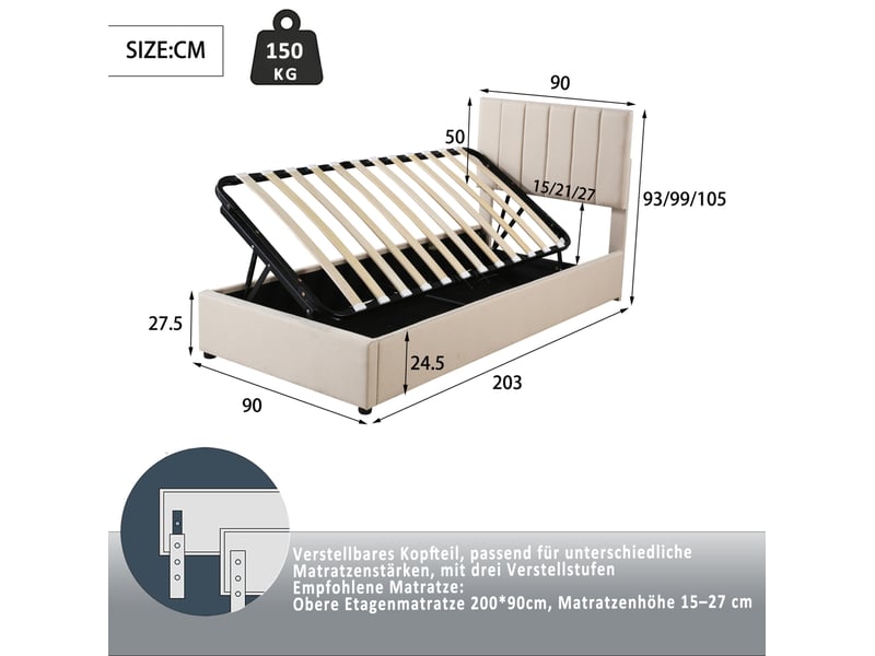  Lit adulte et enfant 90x200cm, lit simple, lit coffre, sommier et tête de lit réglable incluse, lin beige, sans matelas  - Conforama C