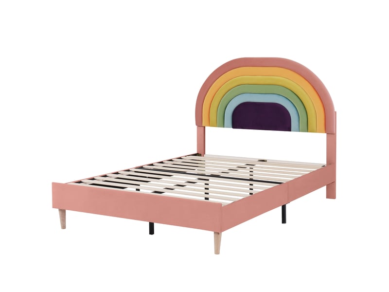  Lit enfant velours rose avec tête de lit rembourrée réglable et sommier à lattes inclus  - Conforama W