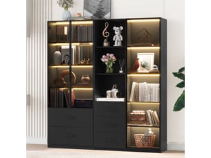Vitrine led 140x40x160 cm, armoire vitrine modulable avec 2 éléments et 5 tiroirs, panneaux de particules, pour salon