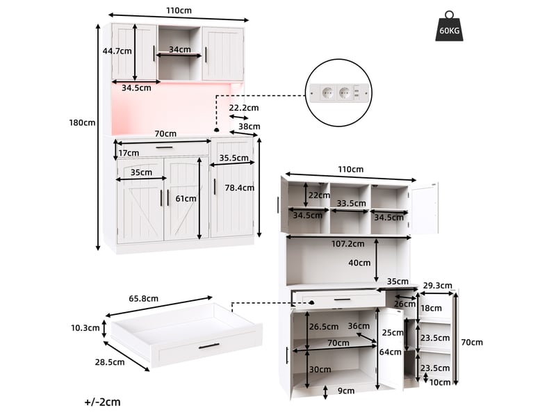  Buffet de rangement 110x38x180 cm, meuble de cuisine, 5 portes, 1 tiroir, avec luminaire éclairage led et prise secteur, mdf+structure en métal, blanc  - Conforama C