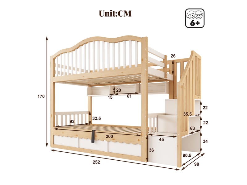 Lit superposé enfant 90 x 200 cm avec rangement hydraulique, blanc et chêne - Conforama C