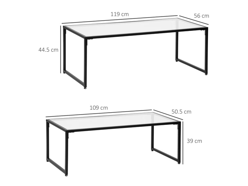 2 tables basses gigognes avec plateaux en verre trempé et pieds réglables pour salon en acier noir transparent - Conforama C