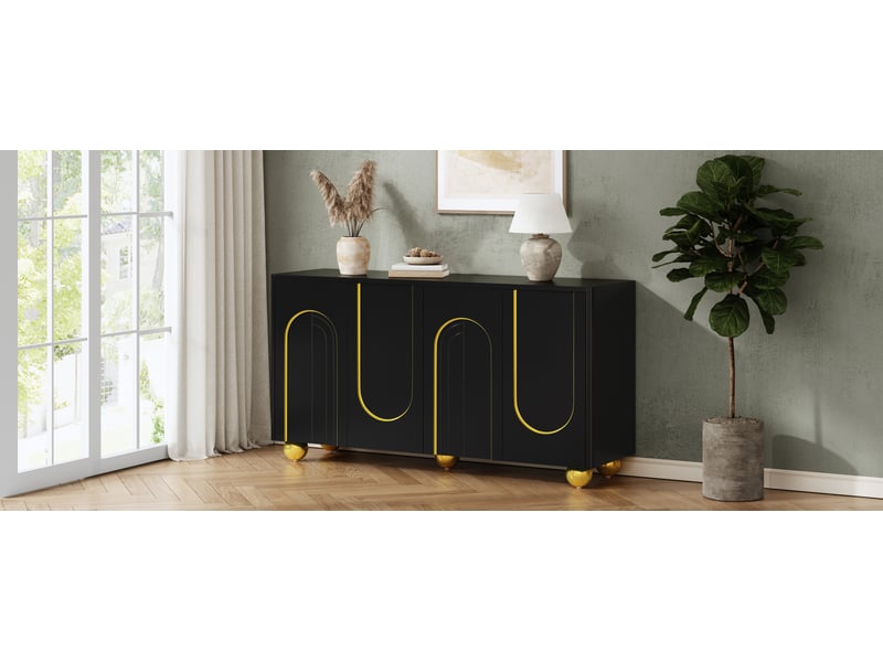  Buffet noir 4 portes meuble rangement salle à manger mdf étagères fixes pièces métal 140x40x74 cm  - Conforama R