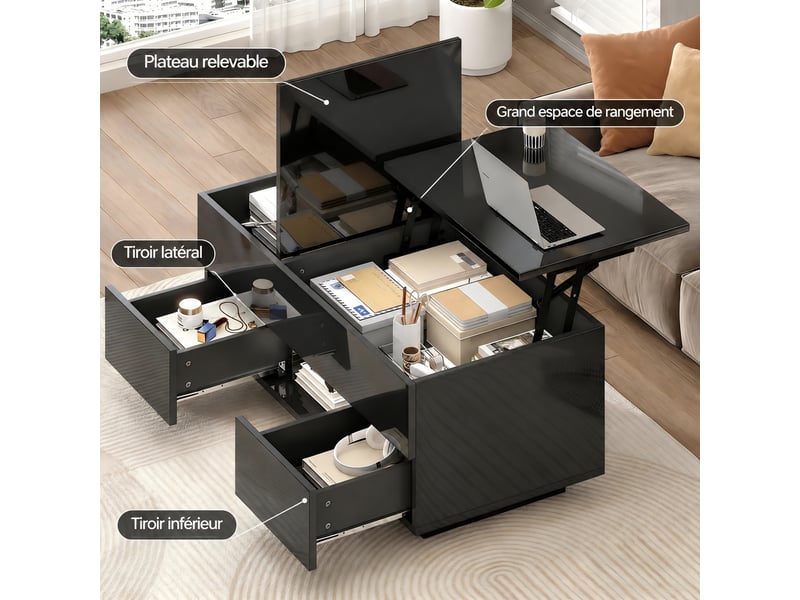 Table basse relevable avec 2 tiroirs, rangement caché et led, 100 x 45 x 43 cm, noir brillant - Conforama B