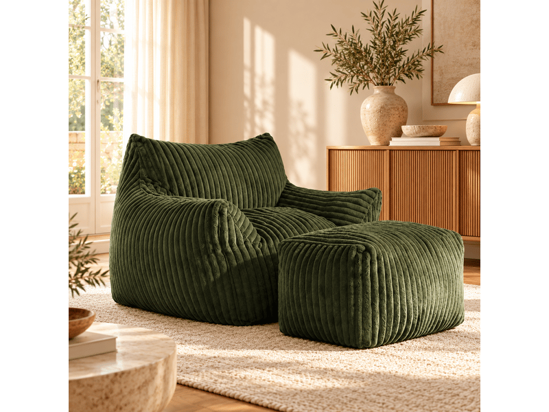  Fauteuil lounge avec pouf assorti 100x90x70 cm, tissu côtelé effet flanelle, rembourrage en mousse, fauteuil de détente - vert  - Conforama B