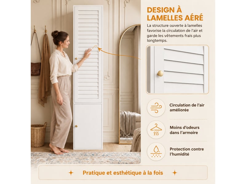  Armoire étroite de chambre 45 x 50 x 200 cm avec 1 porte à persiennes, 3 compartiments et tringle, armoire haute, blanc  - Conforama D