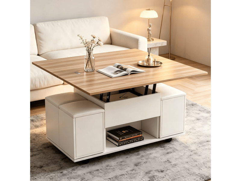 Table basse relevable multifonction blanche et bois, transformable en table à manger avec 4 poufs et rangement, 100x100x63.5cm - Conforama C