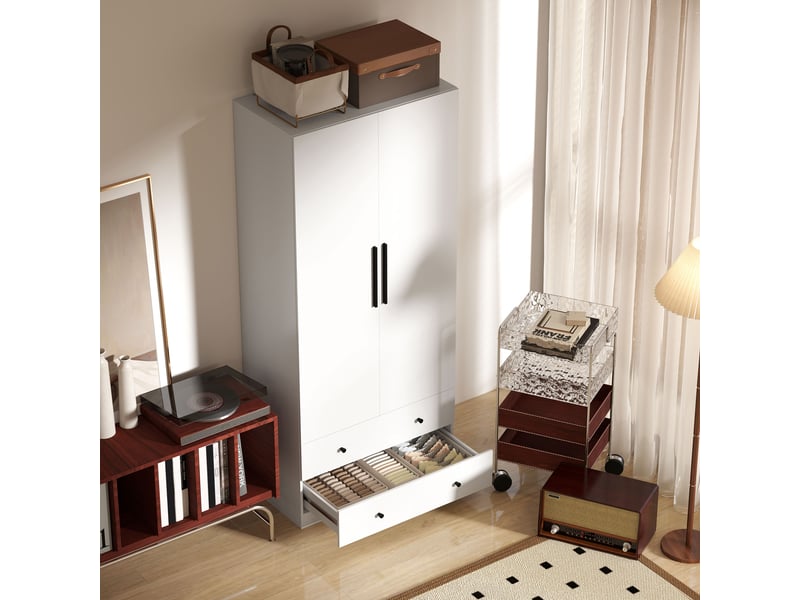  Armoire, 2 portes, penderie, tringle, 2 tiroirs, panneaux de particules, blanc  - Conforama D