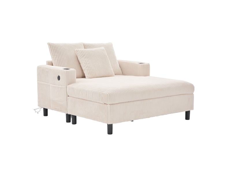 Fauteuil relax chaise longue fixe 1 place en velours côtelé beige avec usb, led et porte-gobelets pour salon - Conforama A