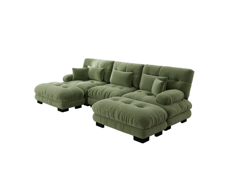  Canapé d'angle modulable convertible 3 places en chenille vert avec ottomans mobiles - 313 x 145 x 81 cm  - Conforama A