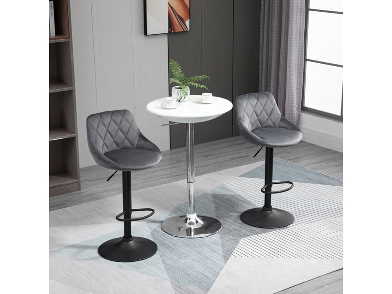  Lot 2 tabourets bar réglables, métalsimilicuir, hauts pivotants, dossier, repose-pieds, 46x48x83-104 cm, gris et noir.  - Conforama C