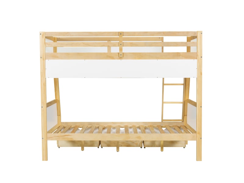  Lit superposé 90120x200 cm avec trois tiroirs, lit enfant avec étagère à livres de 2 m, cadre de lit en pin, blanc + naturel  - Conforama B