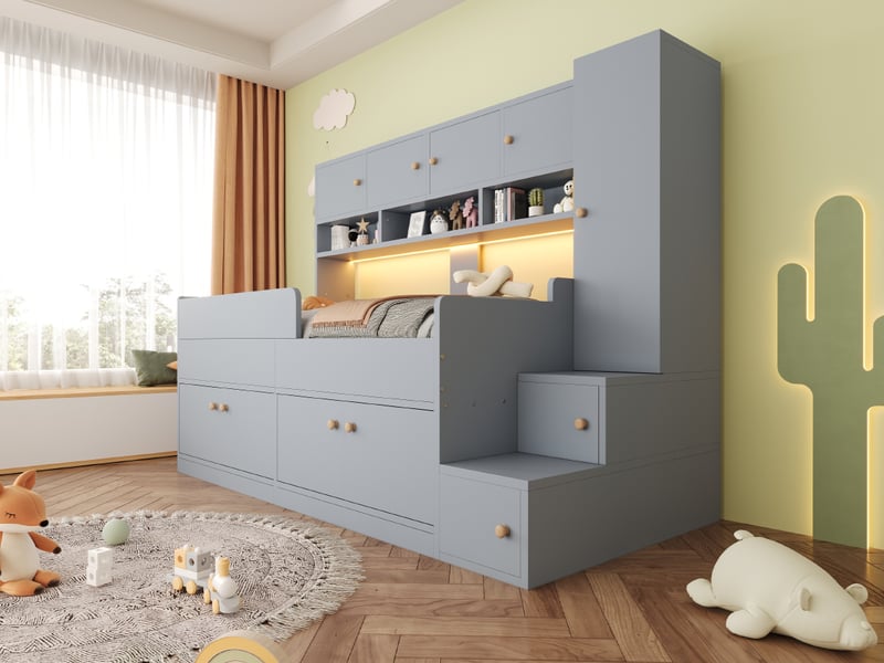 Lit avec rangement 90x200 cm, armoire, escalier, étagères et éclairage led, panneaux de particules et mdf, gris - Conforama B