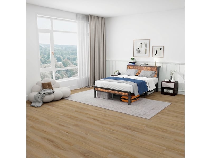  Cadre de lit 120x200, tête de lit avec rangement, plateforme robuste, lit en métal marron vintage  - Conforama C