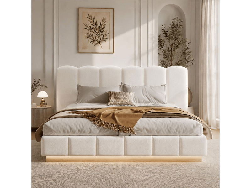  Lit coffre 180x200 cm-lit double rembourré-bouclé blanc-rangement hydraulique-sommier à lattes-leds-tête de lit nuage-220 kg-blanc  - Conforama B