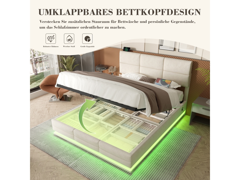  Lit coffre moderne 140 x 200 cm, velours, tête réglable, usb et type-c, led, hydraulique, beige, sans matelas  - Conforama D