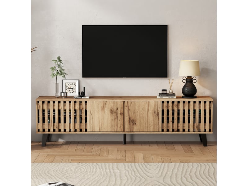  Meuble tv modenvie 180 x 40 x 55 cm avec 8 compartiments en panneaux de particules bois naturel  - Conforama B