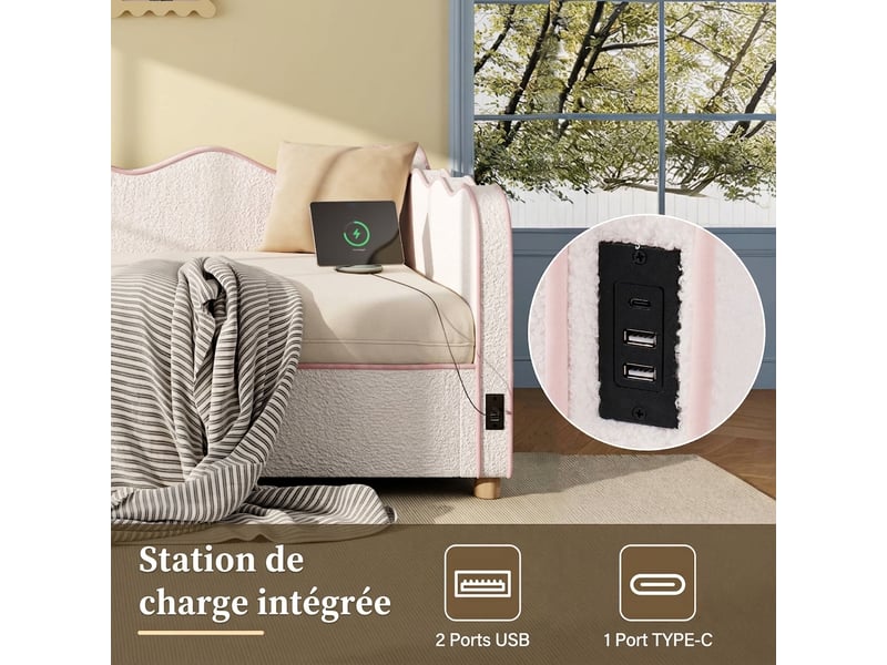  Lit banquette beige lit coffre 90x200 tissu bouclette - rangement hydraulique et prise usb  - Conforama D