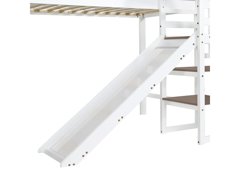  Lit mezzanine 90x200cm avec tiroirs, étagères de rangement, toboggan et sommier, lit 1 place, pin+mdf, blanc+marron  - Conforama R
