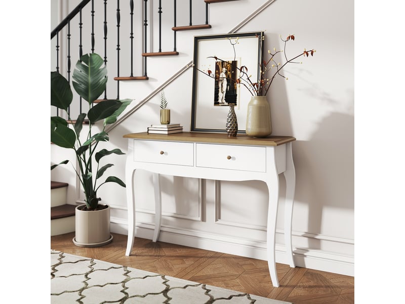  Console moderne avec 2 tiroirs en bois, 100 x 35 x 76,5 cm, blanc et marron foncé  - Conforama D