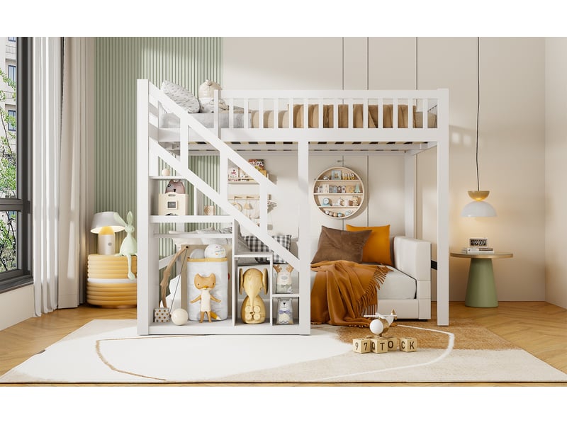 Lit mezzanine enfant 140x200, lit surélevé, lit en hauteur 1 places avec escalier et armoire de rangement, lits enfant multifonctionnel avec sommier à lattes - Conforama E