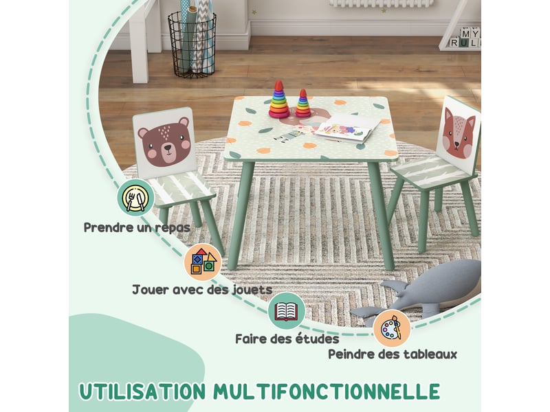  Table et 2 chaises pour enfants 3-8 ans ensemble 3 pièces motif animaux pour chambre à salle coucher de jeux vert  - Conforama A