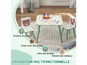 Table et 2 chaises pour enfants 3-8 ans ensemble 3 pièces motif animaux pour chambre à salle coucher de jeux vert