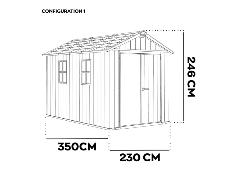  Newton+ 75111175 - abri jardin 350x246x230 cm, 2 portes, résine marronnoire evotech+  - Conforama E