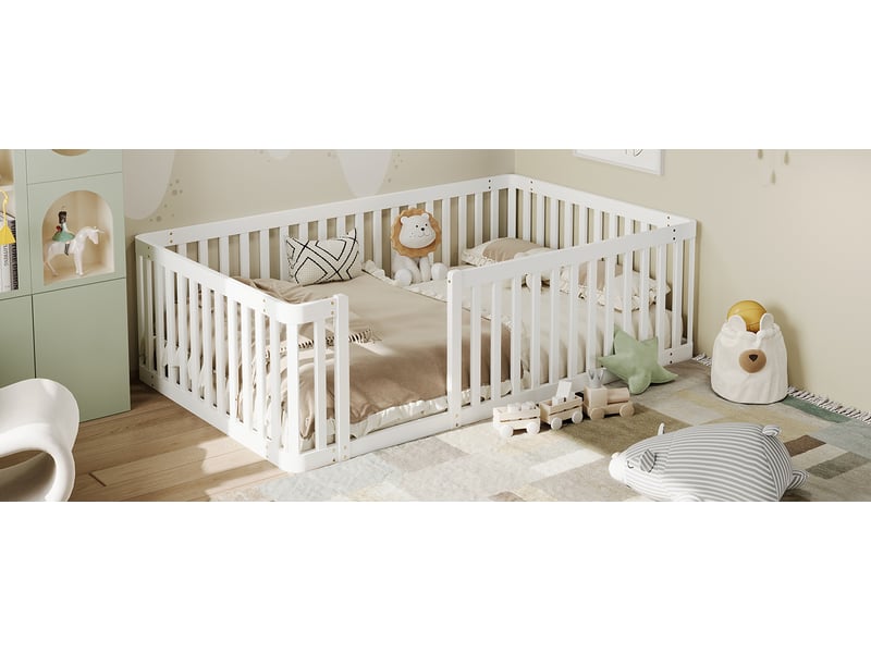  Elvmi lit enfant 90x200 cm avec barrières de sécurité, bois massif de pin blanc, structure basse au sol, sommier à lattes inclus, montage facile avec ouverture latérale pour un accès libre, cadre de lit plateforme pour chambre d…  - Conforama E