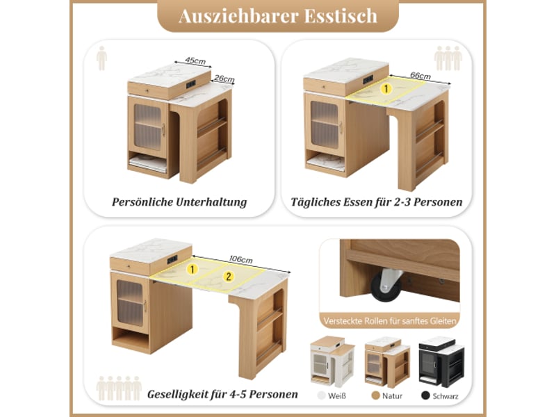  Îlot de cuisine mobile avec table extensible et plateau amovible, bar avec prises – bahutsideboard naturel  - Conforama D