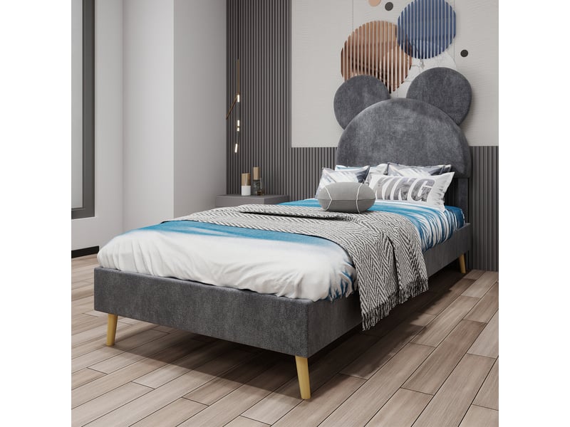  Lit enfant 140x200 cm, tête de lit dessin animé, sommier à lattes, en velours, gris, sans matelas  - Conforama B
